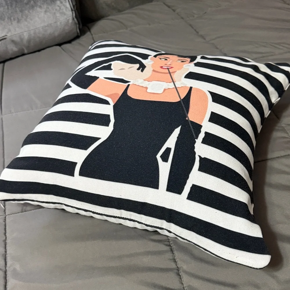 Audrey Hepburn Holly Golightly Breakfast at Tiffany’s Throw Pillow Striped